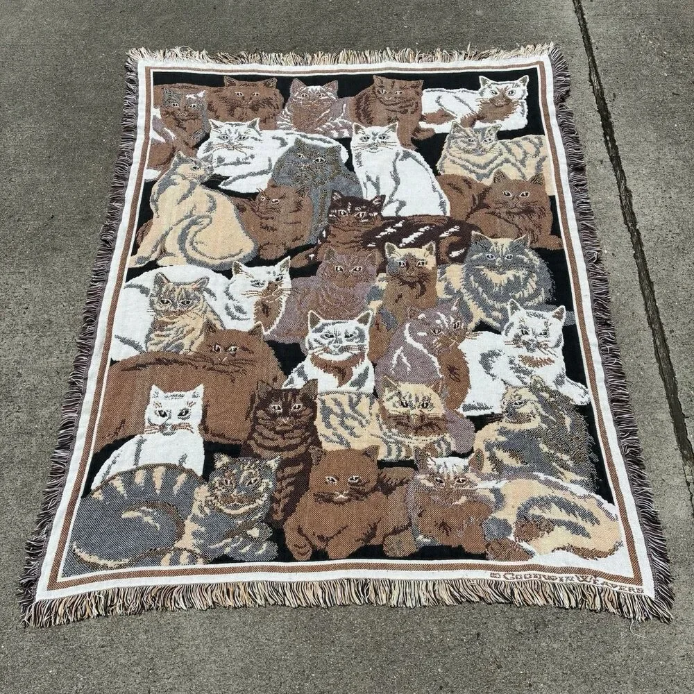 VTG Goodwin Weavers Cat Tapestry Blanket Woven Cotton Throw 